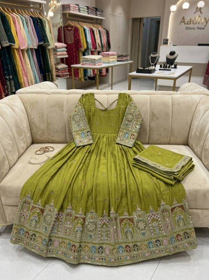 Women Wastra's Chinon Silk Embroidery Gown Set
