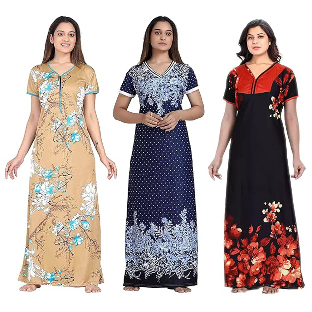 G4Girl Nighty for Womens - Girls (Combo of 3 PCS) - beige blue red