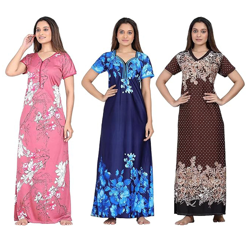 G4Girl Nighty for Womens - Girls (Combo of 3 PCS) - pink blue brown