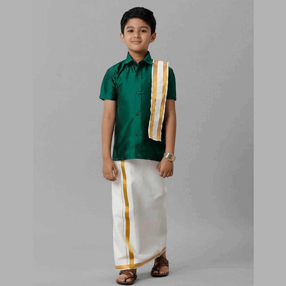 Ramraj's Boy's Silk Cotton Green Half Sleeves Shirt with Adjustable Cream Dhoti Towel Combo