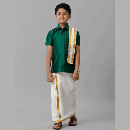 Ramraj's Boy's Silk Cotton Green Half Sleeves Shirt with Adjustable Cream Dhoti Towel Combo