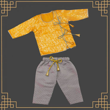 Varnatari's Lavender ice grey pant with Golden yellow and silver vanasingam print top