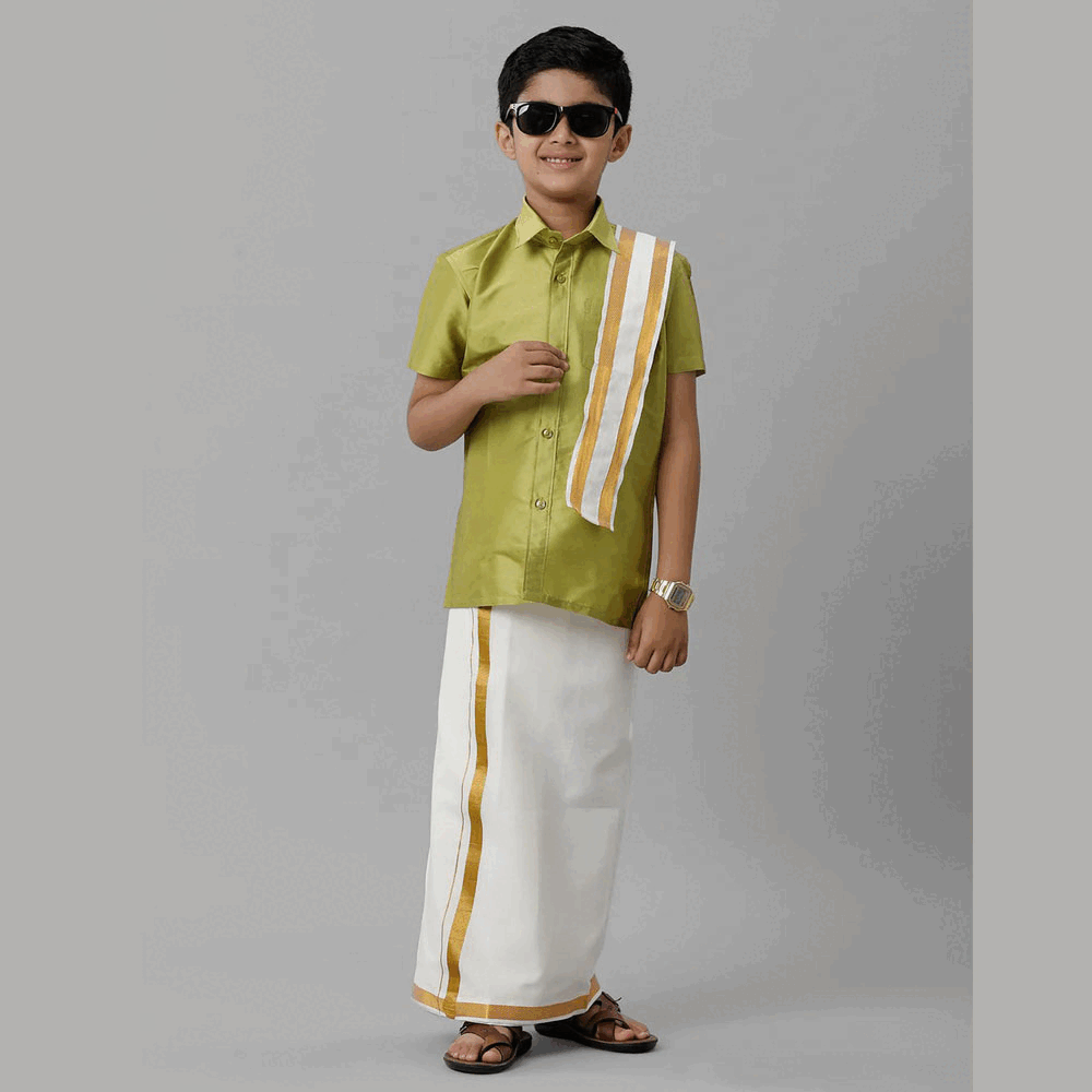 Ramraj's Boy's Silk Cotton Lemon Green Half Sleeves Shirt with Adjustable Cream Dhoti Towel Combo