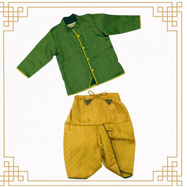 Varnatari's Lime with copper print dhoti and Emerald green and copper jacquard print top