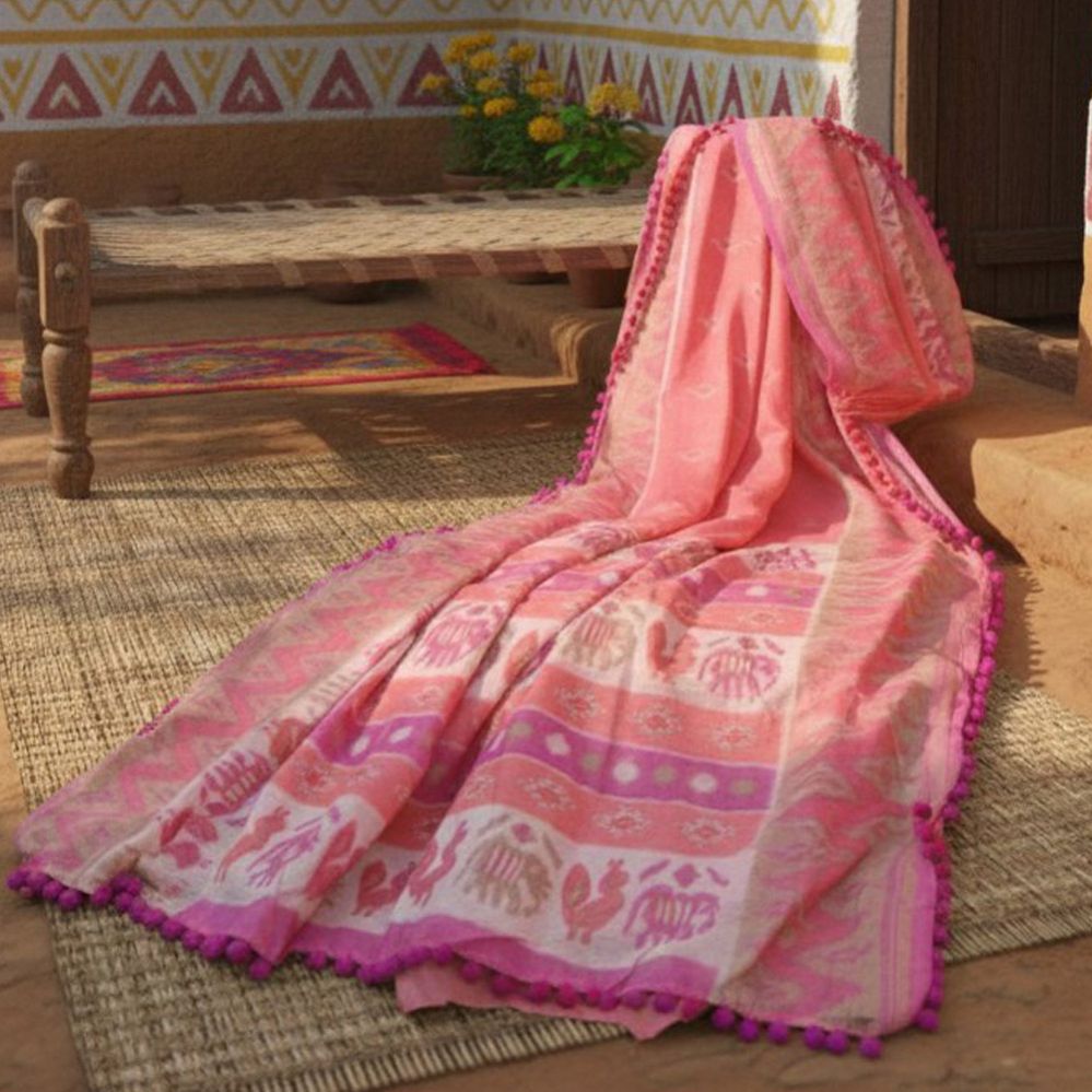 Linen Cotton Woven With Pompom Border Saree