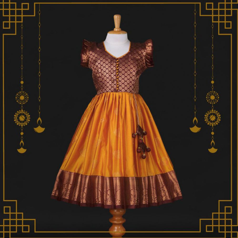 Varnatari's Mango Yellow And Brown Ethnic Frock