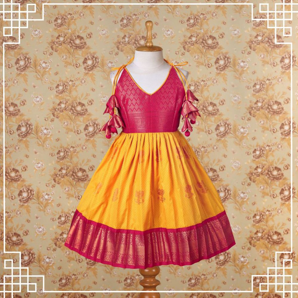 Varnatari's Mango Yellow And Rani Pink Ethnic Frock