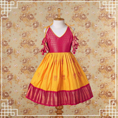 Varnatari's Mango Yellow And Rani Pink Ethnic Frock