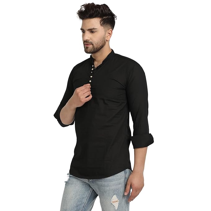Majestic Man Men's Cotton Regular Fit Casual Kurta - Black