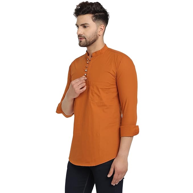 Majestic Man Men's Cotton Regular Fit Casual Kurta - Bright Orange