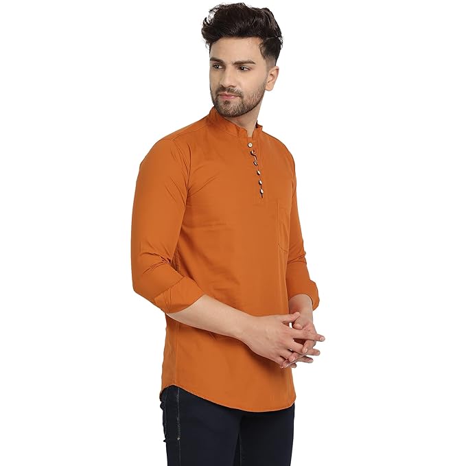Majestic Man Men's Cotton Regular Fit Casual Kurta - Bright Orange