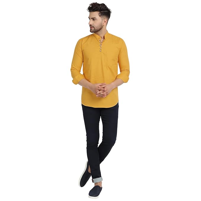 Majestic Man Men's Cotton Regular Fit Casual Kurta - Mustard