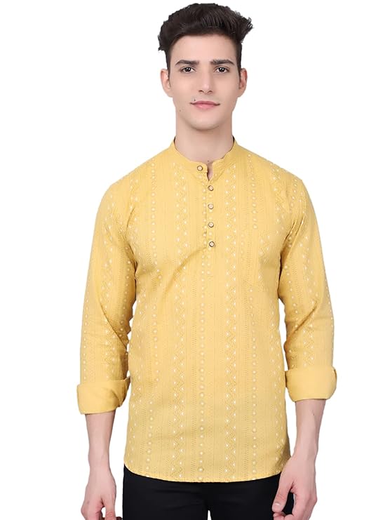 Majestic Man Men's Cotton Regular Fit Short Kurta - Yellow
