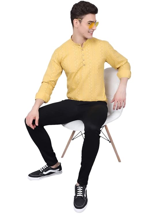 Majestic Man Men's Cotton Regular Fit Short Kurta - Yellow
