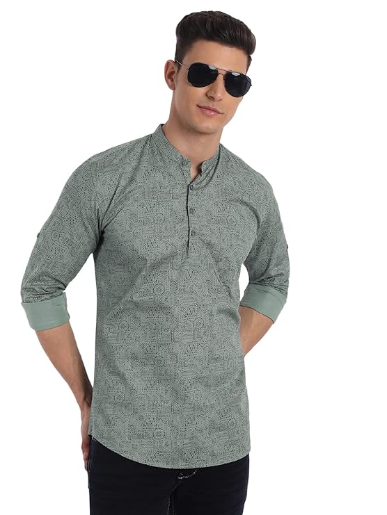 Majestic Man Men's Cotton Regular Fit Short Kurta - Green