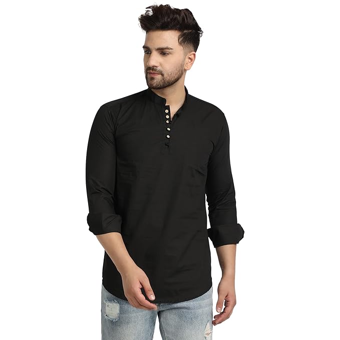 Majestic Man Men's Cotton Regular Fit Casual Kurta - Black
