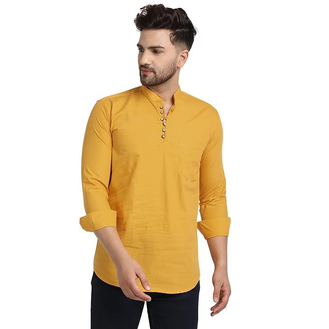 Majestic Man Men's Cotton Regular Fit Casual Kurta - Mustard