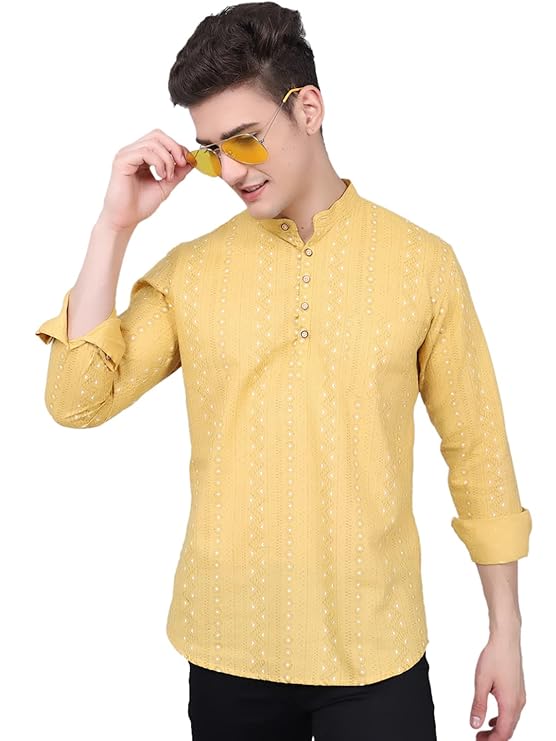 Majestic Man Men's Cotton Regular Fit Short Kurta - Yellow