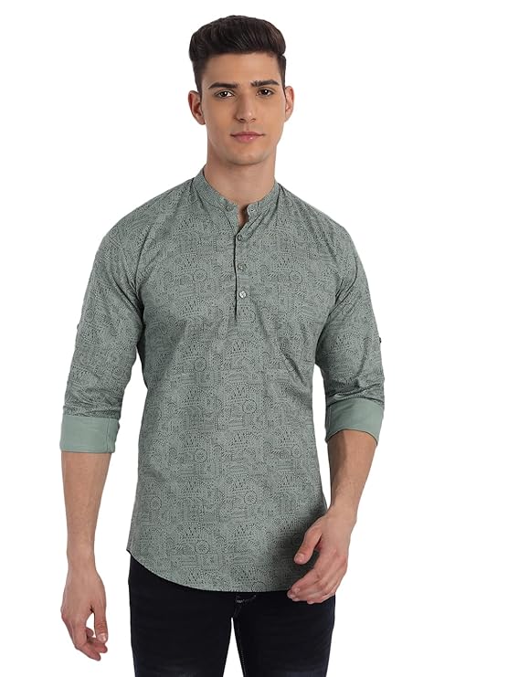 Majestic Man Men's Cotton Regular Fit Short Kurta - Green