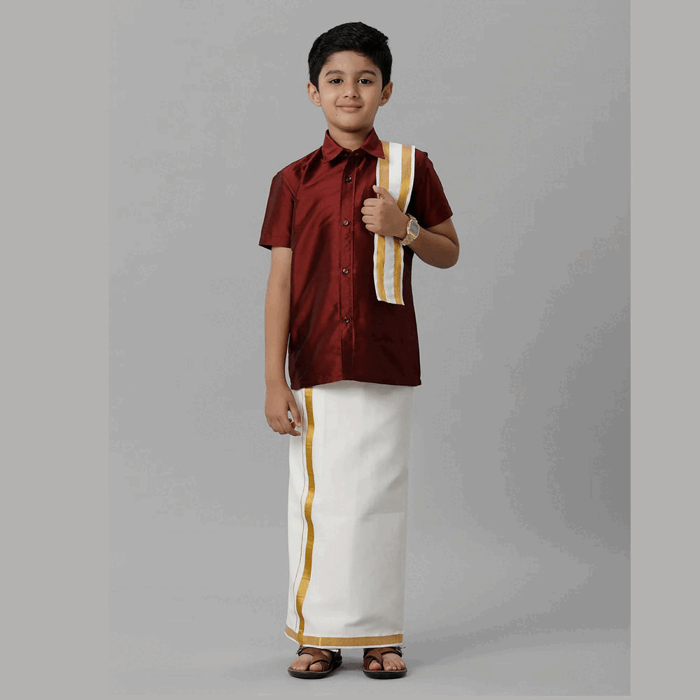 Ramraj's Boy's Silk Cotton Maroon Half Sleeves Shirt with Adjustable Cream Dhoti Towel Combo
