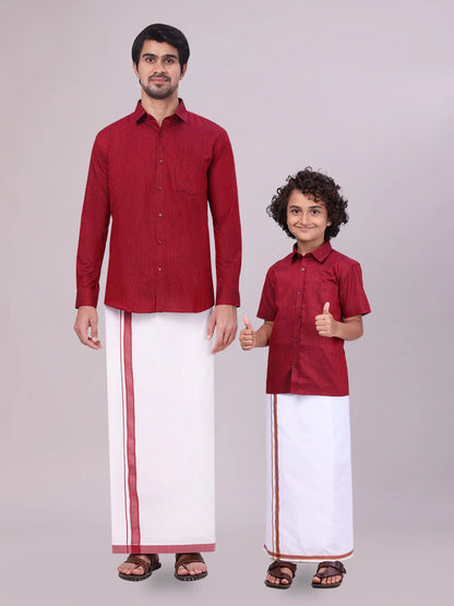Minister White's Father & Son Cotton Shirt with Matching Border Dhoti Combo