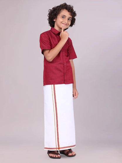 Minister White's Father & Son Cotton Shirt with Matching Border Dhoti Combo