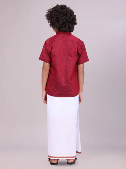 Minister White's Father & Son Cotton Shirt with Matching Border Dhoti Combo