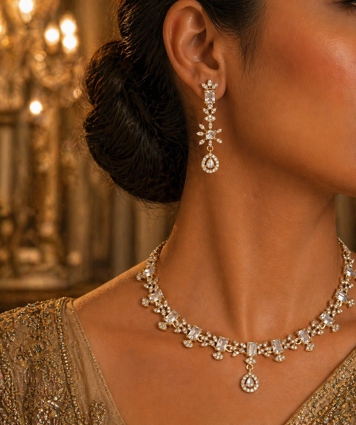 Matte Finish American Diamond Necklace with Earrings - White