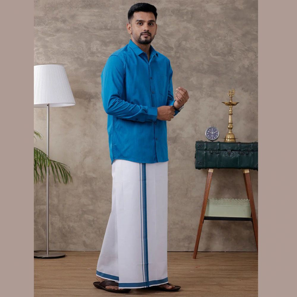 Ramraj's Men's Blue Matching Border Dhoti & Full Sleeves Shirt Set Evolution