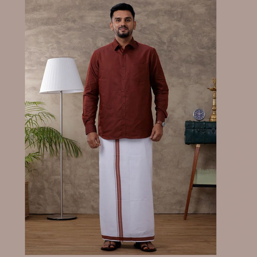 Ramraj's Men's Brown Matching Border Dhoti & Full Sleeves Shirt Set Evolution