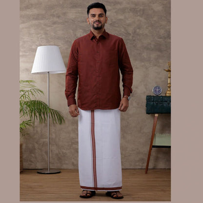 Ramraj's Men's Brown Matching Border Dhoti & Full Sleeves Shirt Set Evolution