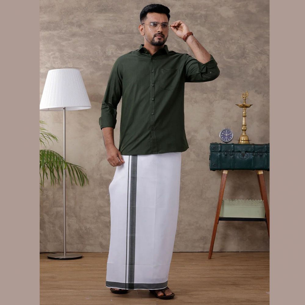 Ramraj's Men's Green Matching Border Dhoti & Full Sleeves Shirt Set Evolution