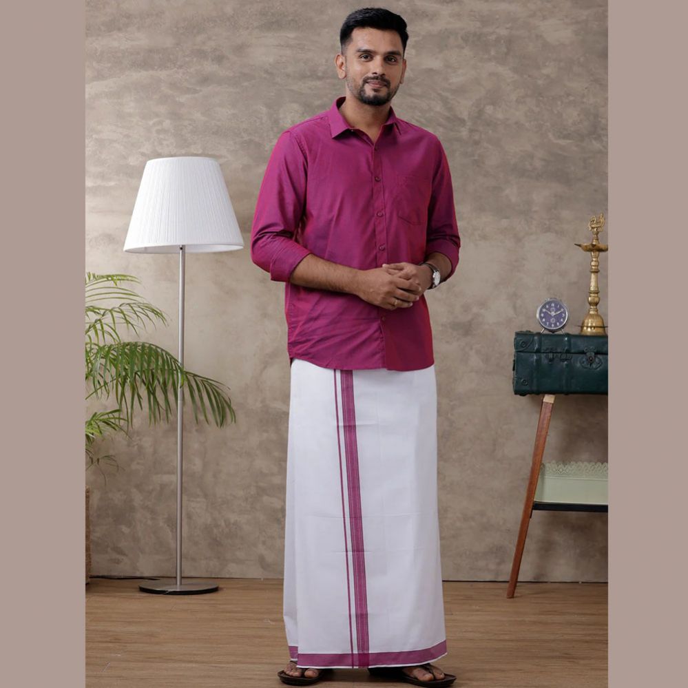 Ramraj's Men's Magenta Matching Border Dhoti & Full Sleeves Shirt Set Evolution