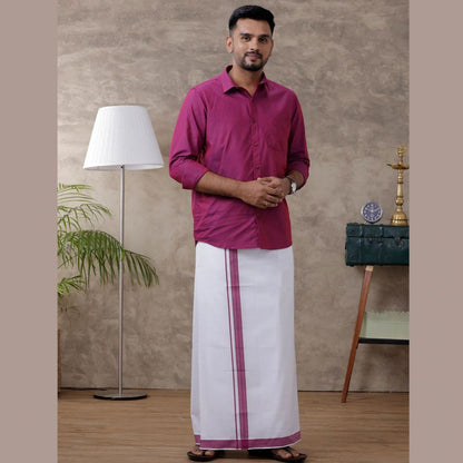 Ramraj's Men's Magenta Matching Border Dhoti & Full Sleeves Shirt Set Evolution