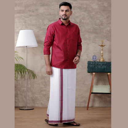 Ramraj's Men's Maroon Matching Border Dhoti & Full Sleeves Shirt Set Evolution
