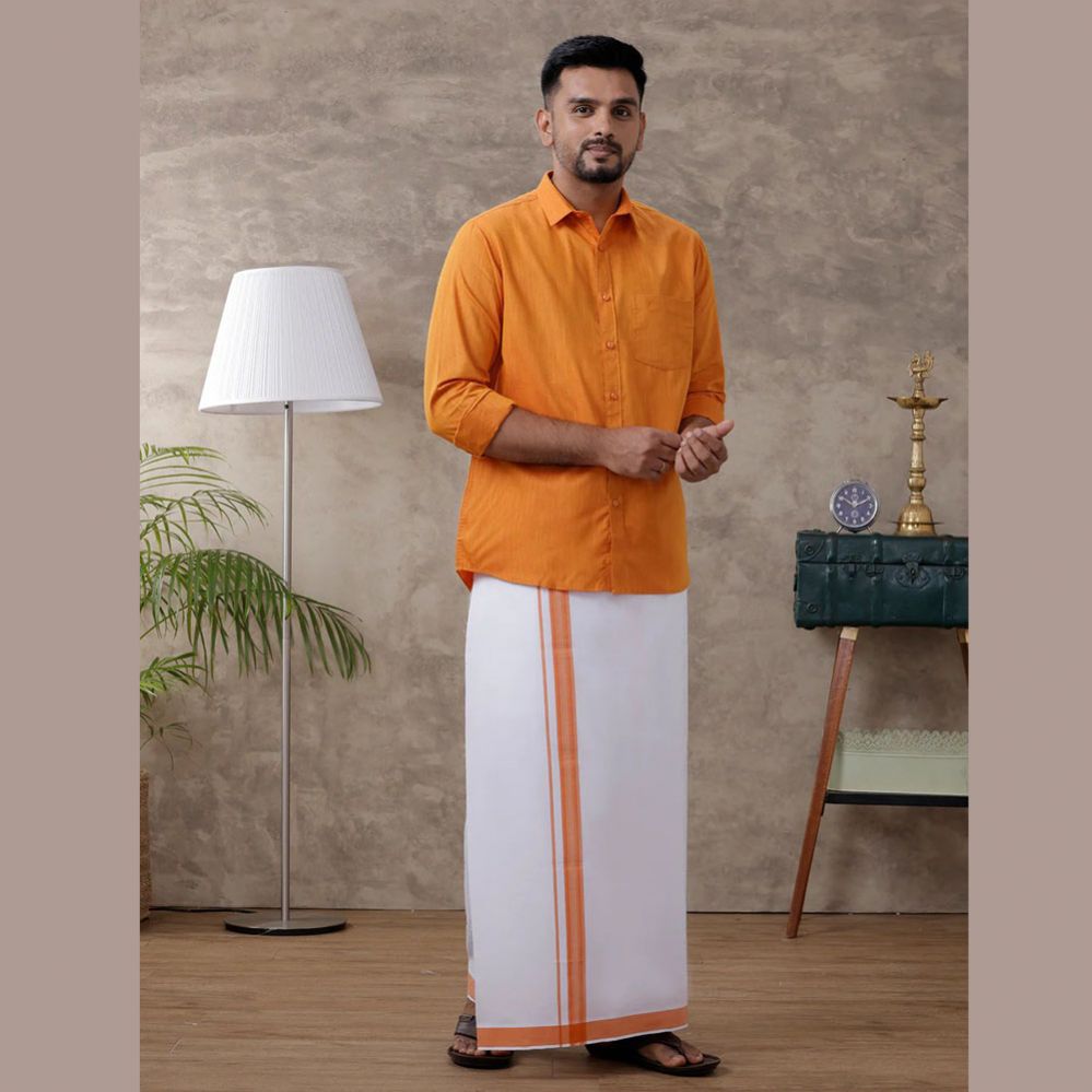 Ramraj's Men's Orange Matching Border Dhoti & Full Sleeves Shirt Set Evolution