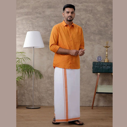 Ramraj's Men's Orange Matching Border Dhoti & Full Sleeves Shirt Set Evolution