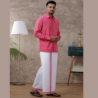 Ramraj's Men's Pink Matching Border Dhoti & Full Sleeves Shirt Set Evolution