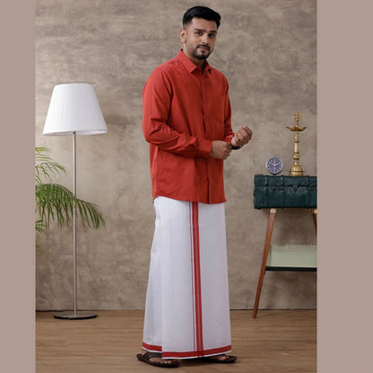 Ramraj's Men's Red Matching Border Dhoti & Full Sleeves Shirt Set Evolution