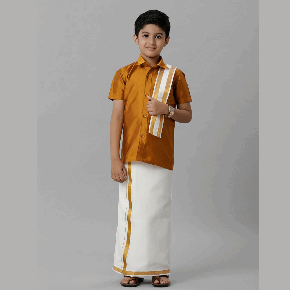 Ramraj's Boy's Silk Cotton Mustard Half Sleeves Shirt with Adjustable Cream Dhoti Towel Combo