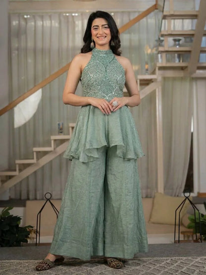 Elegant Full Neck Top with Sharara Palazzo Set