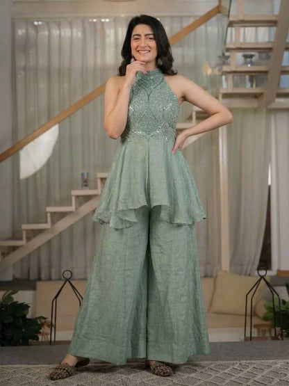 Elegant Full Neck Top with Sharara Palazzo Set
