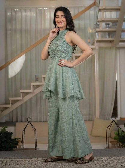 Elegant Full Neck Top with Sharara Palazzo Set