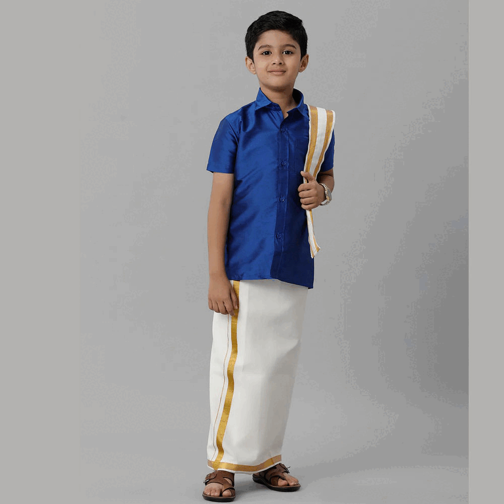 Ramraj's Boy's Silk Cotton Blue Half Sleeves Shirt with Adjustable Cream Dhoti Towel Combo