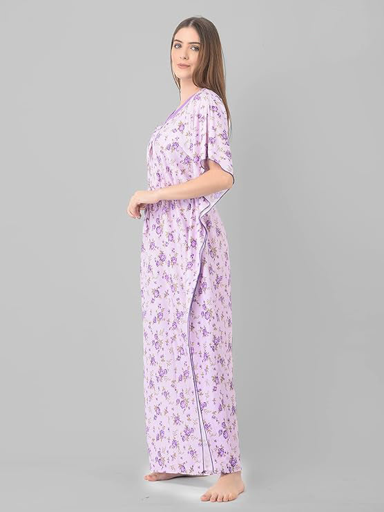 Noty Women's Soft Cotton Kaftan Maxi Nightgown Nighty Nightdress Nightwear -V-Neck- Floral lavender