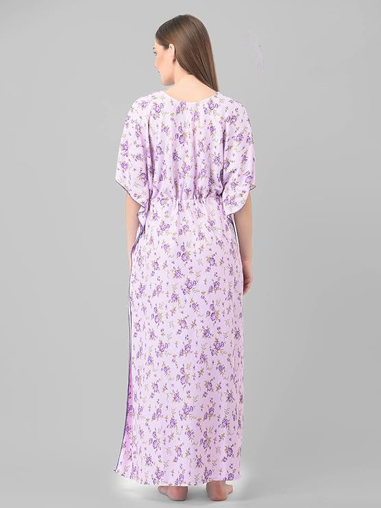 Noty Women's Soft Cotton Kaftan Maxi Nightgown Nighty Nightdress Nightwear -V-Neck- Floral lavender