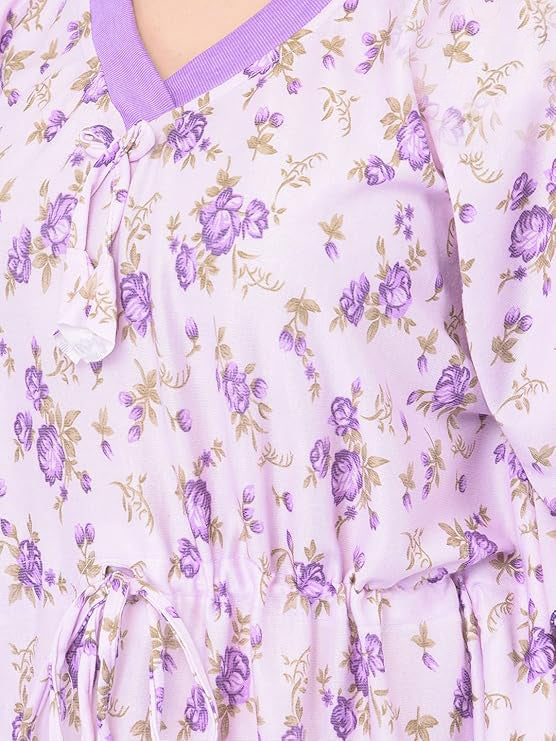 Noty Women's Soft Cotton Kaftan Maxi Nightgown Nighty Nightdress Nightwear -V-Neck- Floral lavender