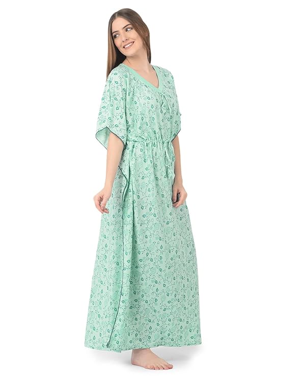 Noty Women's Soft Cotton Kaftan Maxi Nightgown Nighty Nightdress Nightwear -V-Neck- Floral mint green
