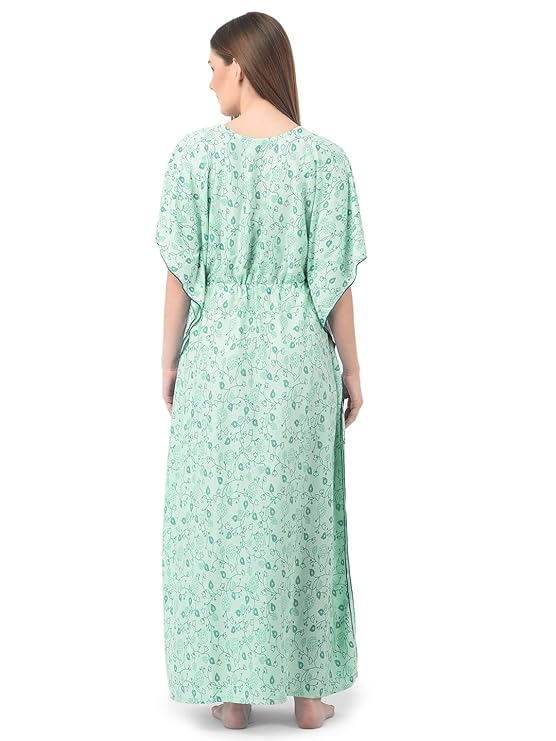 Noty Women's Soft Cotton Kaftan Maxi Nightgown Nighty Nightdress Nightwear -V-Neck- Floral mint green