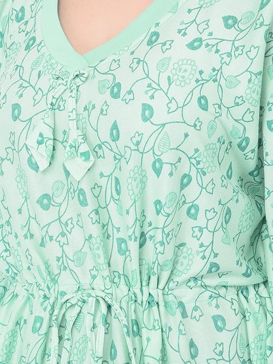 Noty Women's Soft Cotton Kaftan Maxi Nightgown Nighty Nightdress Nightwear -V-Neck- Floral mint green
